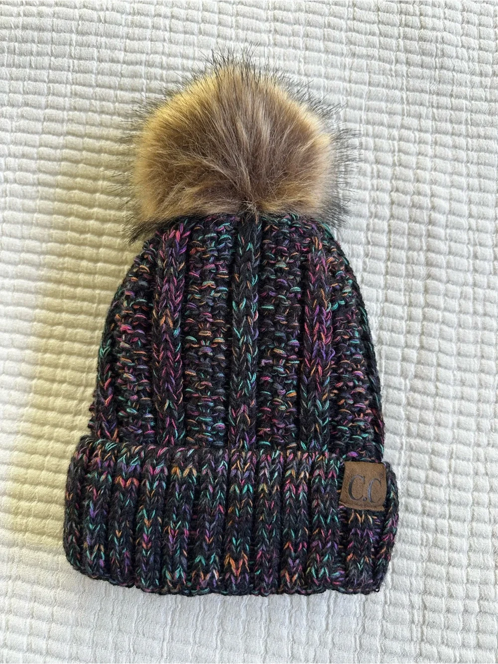 CC Fleece-Lined Warm Cozy Black Multicolor Cable Knit Pom Beanie